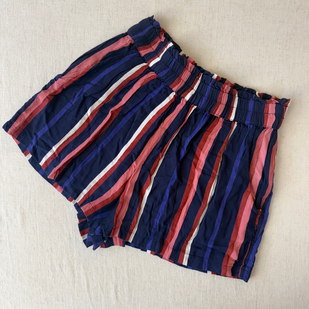 Angie Striped High Rise Elastic Waist Shorts Navy Red Pink Small